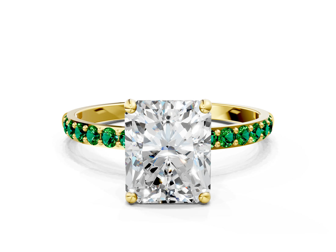 Yellow gold Radiant Cut Diamond Solitaire Ring with Round with Emerald side stone Pavé Band and Prong Setting_24