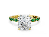Yellow gold Radiant Cut Diamond Solitaire Ring with Round with Emerald side stone Pavé Band and Prong Setting_24