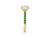 Yellow gold Radiant Cut Diamond Solitaire Ring with Round with Emerald side stone Pavé Band and Prong Setting_26