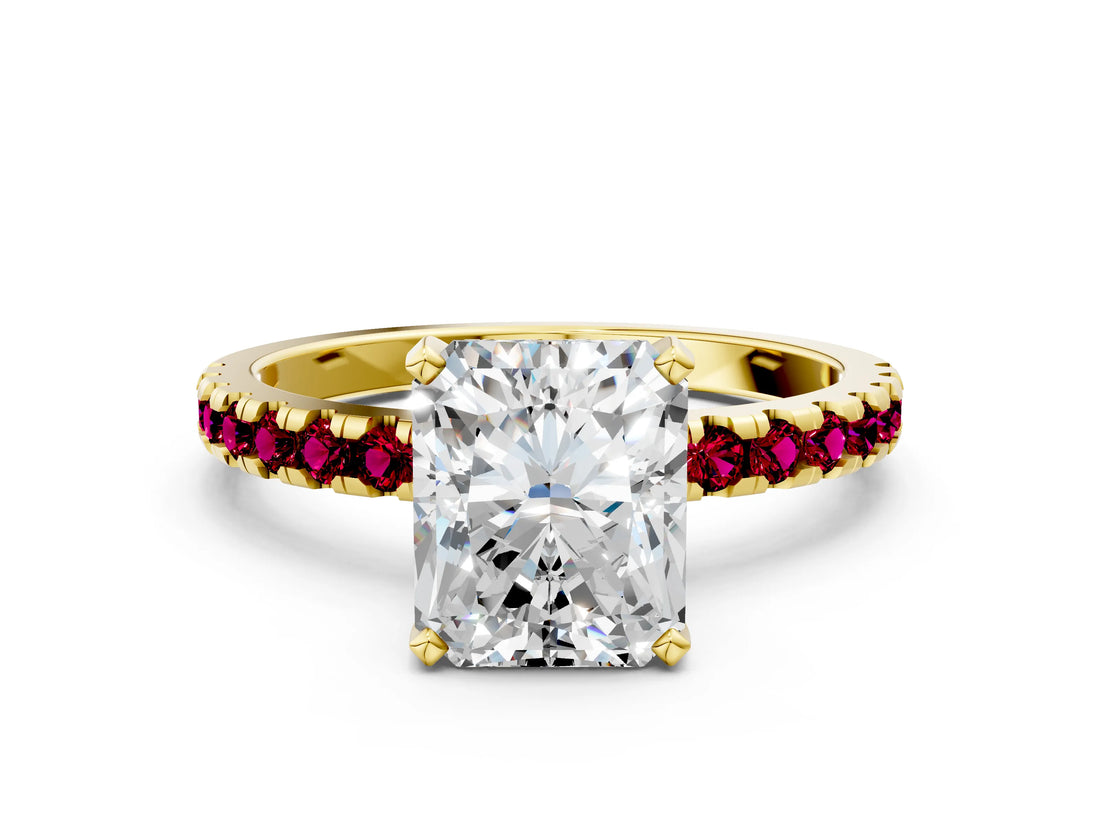 Yellow gold Radiant Cut Diamond Solitaire Ring with Round with Garnet side stone Pavé Band and Four-Prong Setting_36