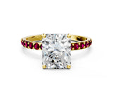 Yellow gold Radiant Cut Diamond Solitaire Ring with Round with Garnet side stone Pavé Band and Prong Setting_24