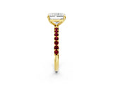 Yellow gold Radiant Cut Diamond Solitaire Ring with Round with Garnet side stone Pavé Band and Prong Setting_26
