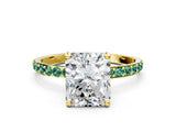 Yellow gold Radiant Cut Diamond Solitaire Ring with Round with Green Sapphire side stone Pavé Band and Prong Setting