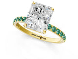 Yellow gold Radiant Cut Diamond Solitaire Ring with Round with Green Sapphire side stone Pavé Band and Prong Setting_1