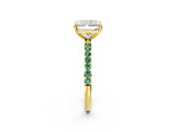 Yellow gold Radiant Cut Diamond Solitaire Ring with Round with Green Sapphire side stone Pavé Band and Prong Setting_2
