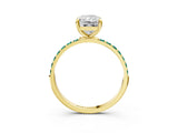 Yellow gold Radiant Cut Diamond Solitaire Ring with Round with Green Sapphire side stone Pavé Band and Prong Setting_3