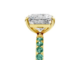 Yellow gold Radiant Cut Diamond Solitaire Ring with Round with Green Sapphire side stone Pavé Band and Prong Setting_5