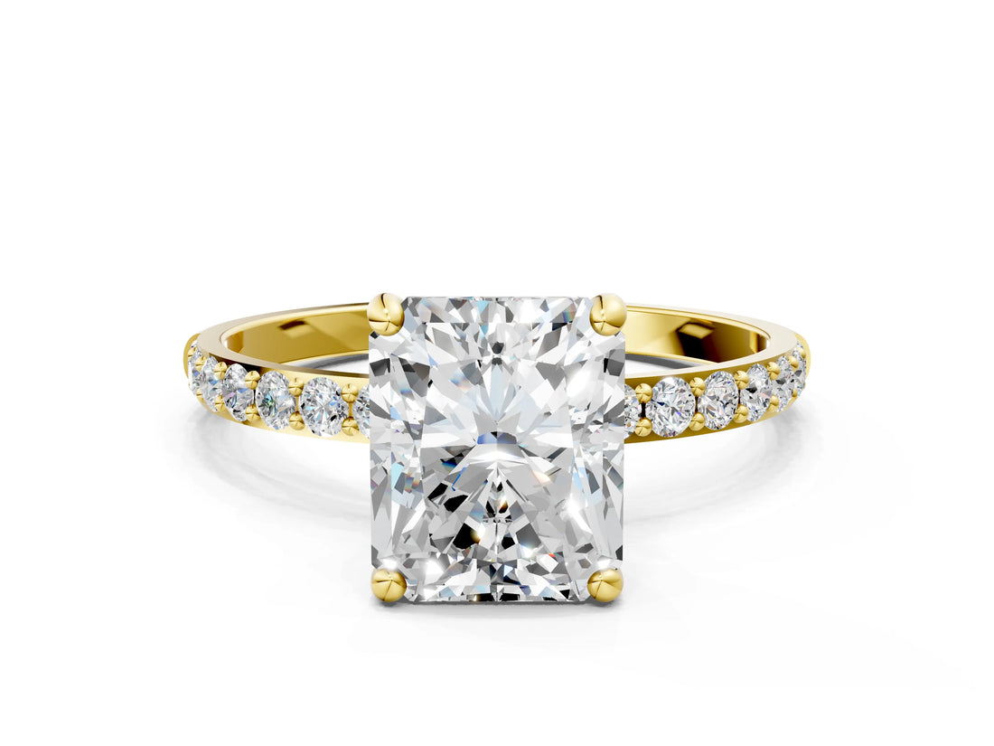 Yellow gold Radiant Cut Diamond Solitaire Ring with Round with Moissanite side stone Pavé Band and Prong Setting_12