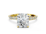 Yellow gold Radiant Cut Diamond Solitaire Ring with Round with Moissanite side stone Pavé Band and Prong Setting_12