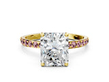 Yellow gold Radiant Cut Diamond Solitaire Ring with Round with Morganite side stone Pavé Band and Prong Setting_12