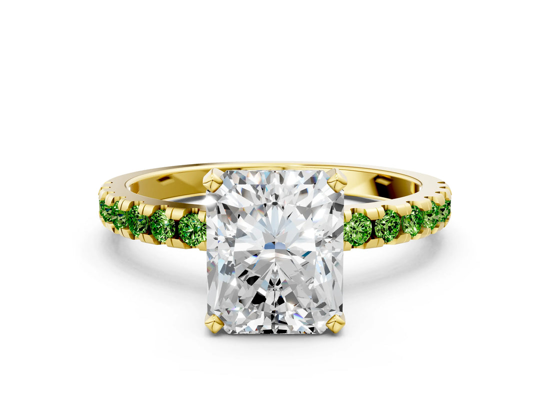 Yellow gold Radiant Cut Diamond Solitaire Ring with Round with Peridot side stone Pavé Band and Four-Prong Setting_36