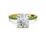 Yellow gold Radiant Cut Diamond Solitaire Ring with Round with Peridot side stone Pavé Band and Prong Setting