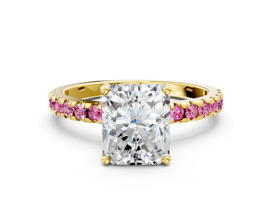 Yellow gold Radiant Cut Diamond Solitaire Ring with Round with Pink Sapphire side stone Pavé Band and Four-Prong Setting_36