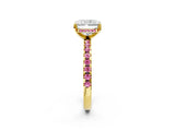Yellow gold Radiant Cut Diamond Solitaire Ring with Round with Pink Sapphire side stone Pavé Band and Four-Prong Setting_38
