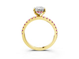 Yellow gold Radiant Cut Diamond Solitaire Ring with Round with Pink Sapphire side stone Pavé Band and Four-Prong Setting_39