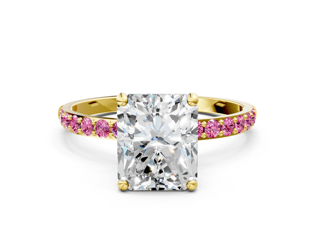 Yellow gold Radiant Cut Diamond Solitaire Ring with Round with Pink Sapphire side stone Pavé Band and Prong Setting_12