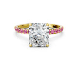 Yellow gold Radiant Cut Diamond Solitaire Ring with Round with Pink Sapphire side stone Pavé Band and Prong Setting_12