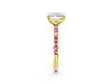 Yellow gold Radiant Cut Diamond Solitaire Ring with Round with Pink Sapphire side stone Pavé Band and Prong Setting_14