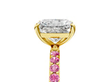 Yellow gold Radiant Cut Diamond Solitaire Ring with Round with Pink Sapphire side stone Pavé Band and Prong Setting_17