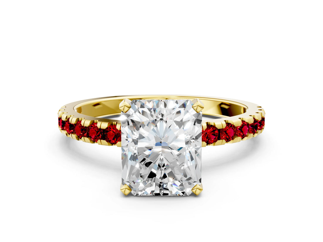 Yellow gold Radiant Cut Diamond Solitaire Ring with Round with Ruby side stone Pavé Band and Four-Prong Setting_36