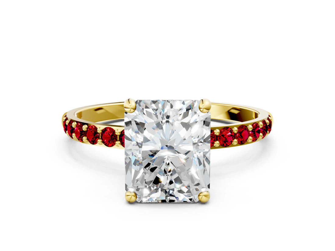 Yellow gold Radiant Cut Diamond Solitaire Ring with Round with Ruby side stone Pavé Band and Prong Setting_36