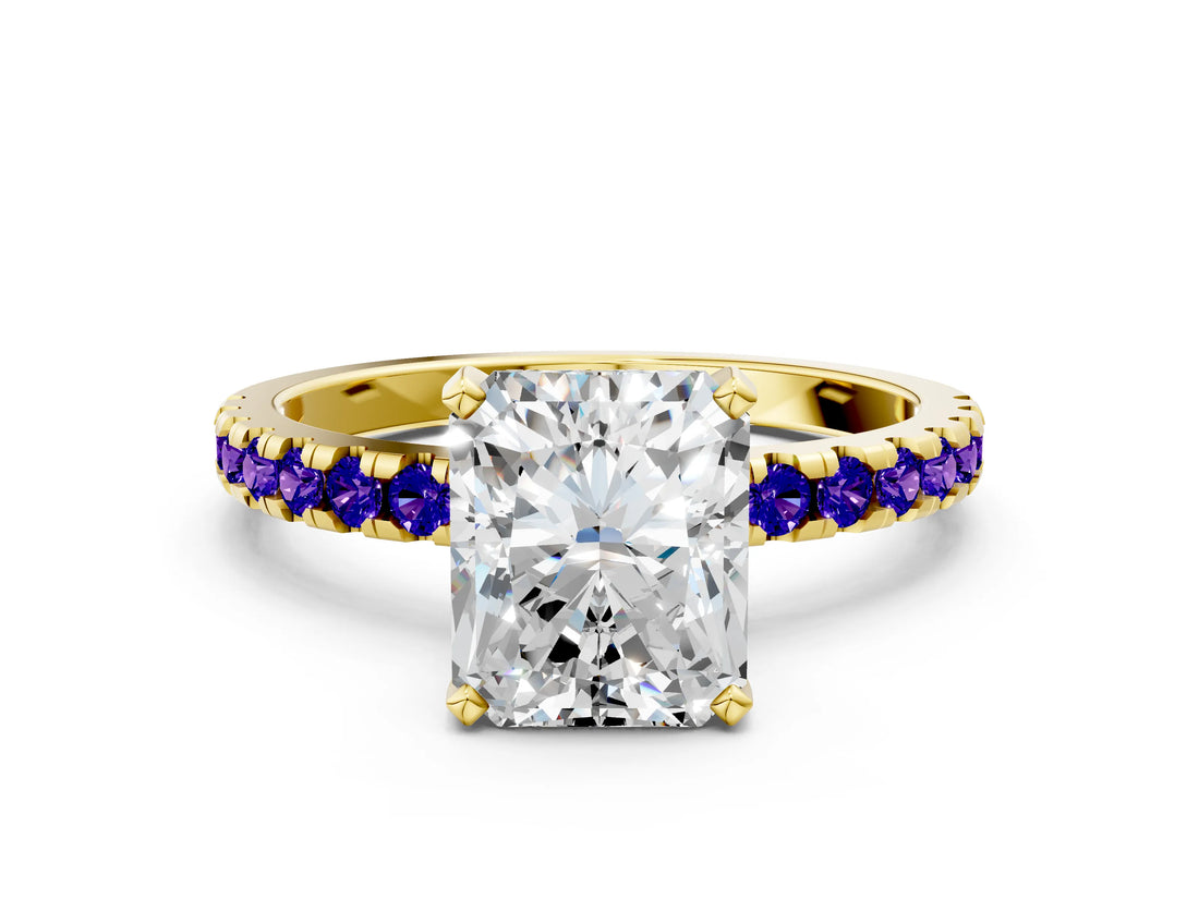 Yellow gold Radiant Cut Diamond Solitaire Ring with Round with Tanzanite side stone Pavé Band and Four-Prong Setting_36