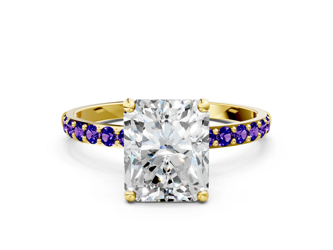 Yellow gold Radiant Cut Diamond Solitaire Ring with Round with Tanzanite side stone Pavé Band and Prong Setting_12