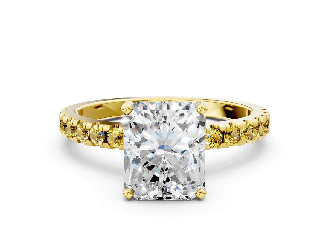 Yellow gold Radiant Cut Diamond Solitaire Ring with Round with Yellow Sapphire side stone Pavé Band and Four-Prong Setting_36