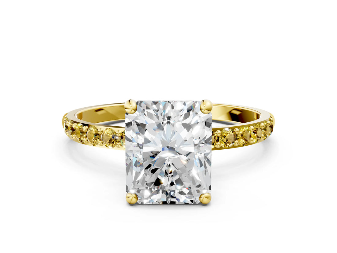 Yellow gold Radiant Cut Diamond Solitaire Ring with Round with Yellow Sapphire side stone Pavé Band and Prong Setting_12