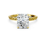 Yellow gold Radiant Cut Diamond Solitaire Ring with Round with Yellow Sapphire side stone Pavé Band and Prong Setting_12