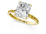 Yellow gold Radiant Cut Diamond Solitaire Ring with Round with Yellow Sapphire side stone Pavé Band and Prong Setting_13