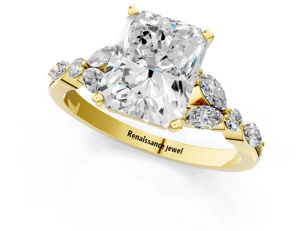 Yellow gold Radiant Cut Diamond Solitaire Ring with Side Stones and Four-Prong Setting