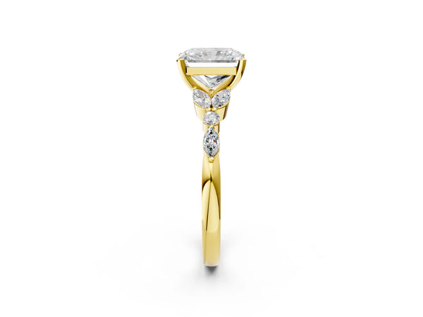Yellow gold Radiant Cut Diamond Solitaire Ring with Side Stones and Four-Prong Setting