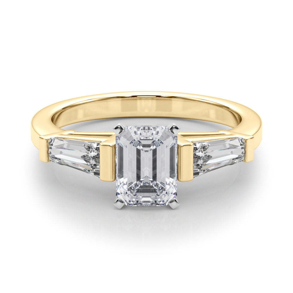Yellow gold Radiant Cut Diamond Solitaire Ring with Tapered Baguette Accents and Four-Prong Setting