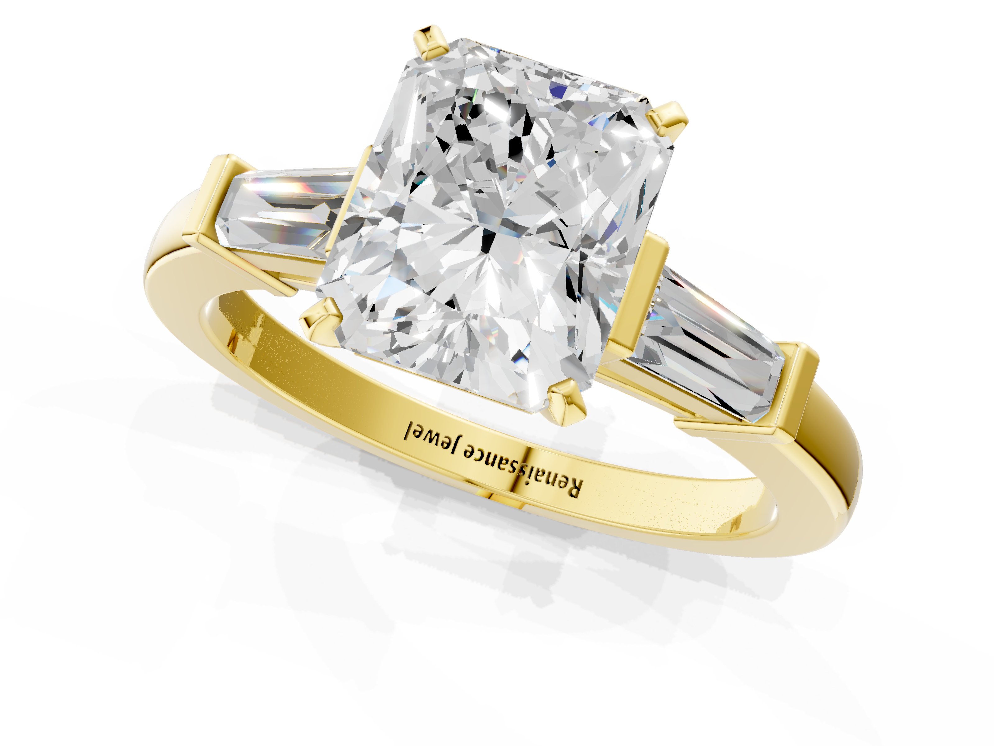 Yellow gold Radiant Cut Diamond Solitaire Ring with Tapered Baguette Accents and Four-Prong Setting_53