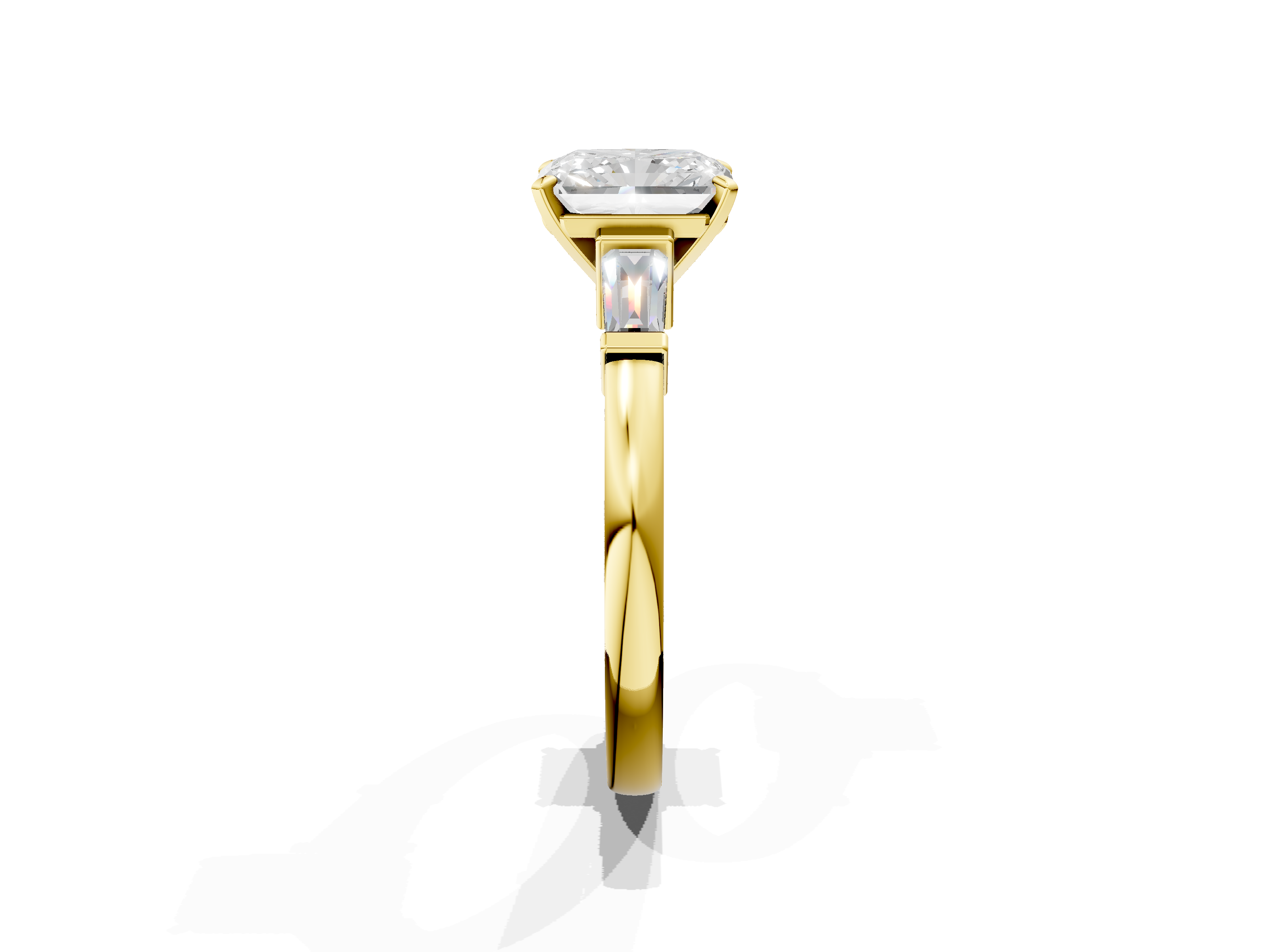 Yellow gold Radiant Cut Diamond Solitaire Ring with Tapered Baguette Accents and Four-Prong Setting_54