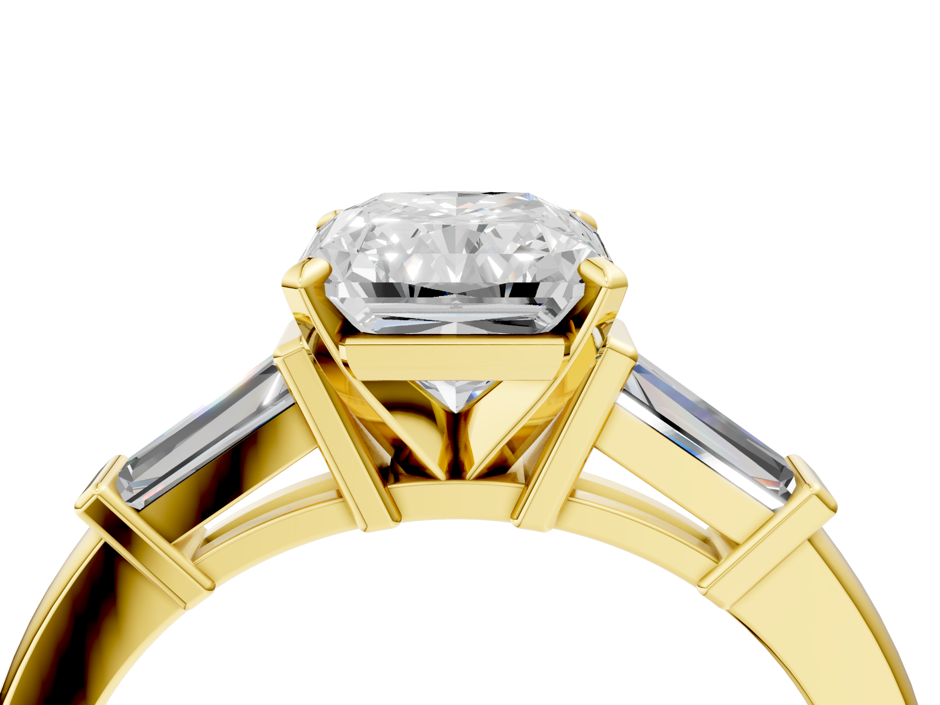 Yellow gold Radiant Cut Diamond Solitaire Ring with Tapered Baguette Accents and Four-Prong Setting_57