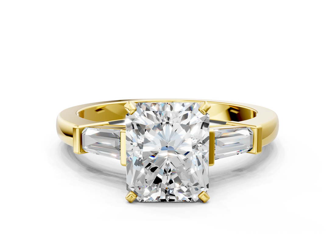 Yellow gold Radiant Cut Diamond Solitaire Ring with Tapered Baguette Accents and Four-Prong Setting_69