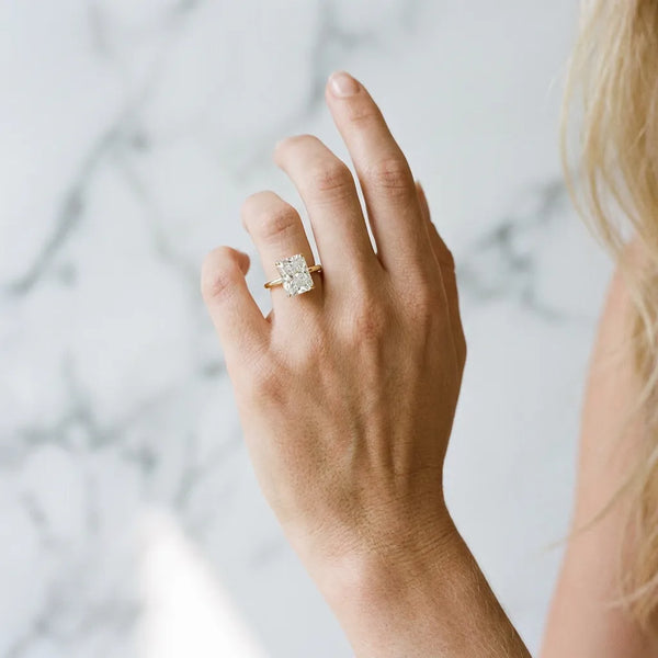 Yellow Gold Radiant Cut Hidden Halo Engagement Ring Setting with Thin Plain Band