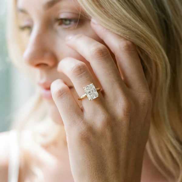 Yellow Gold Radiant Cut Hidden Halo Engagement Ring Setting with Thin Plain Band