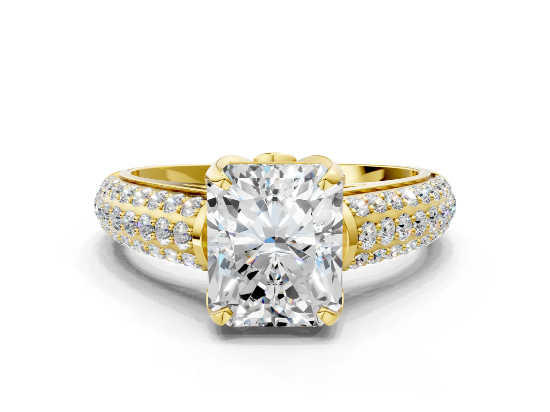 Yellow gold Radiant Cut Diamond Solitaire Ring with Three-Row Pavé Band and Four-Prong Setting_48