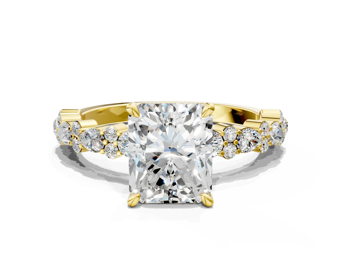 10K Yellow Gold 2.05 Carat E VVS1 Radiant Diamond Side Stone Solitaire Ring with Round and Four-Prong Setting