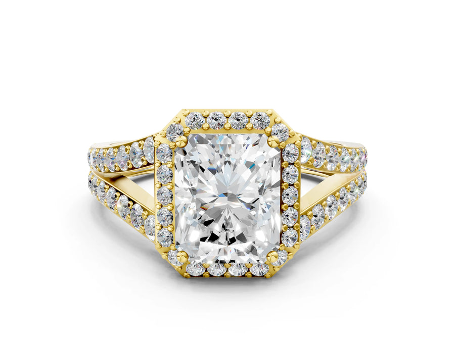 Yellow gold Radiant Cut Diamond Split Shank Halo Ring with Four-Prong Setting