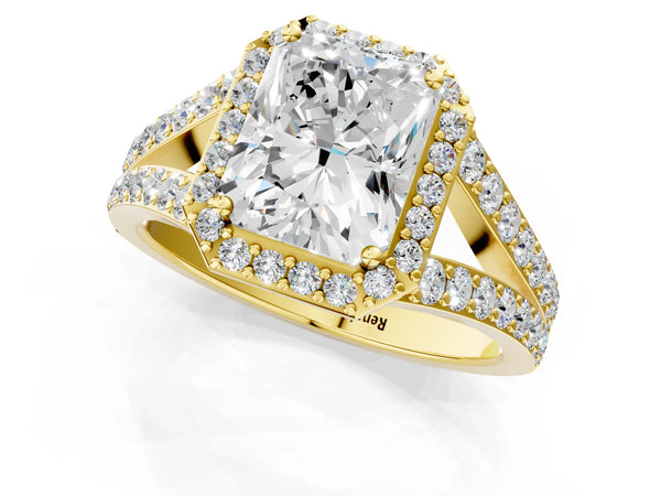 Yellow gold Radiant Cut Diamond Split Shank Halo Ring with Four-Prong Setting