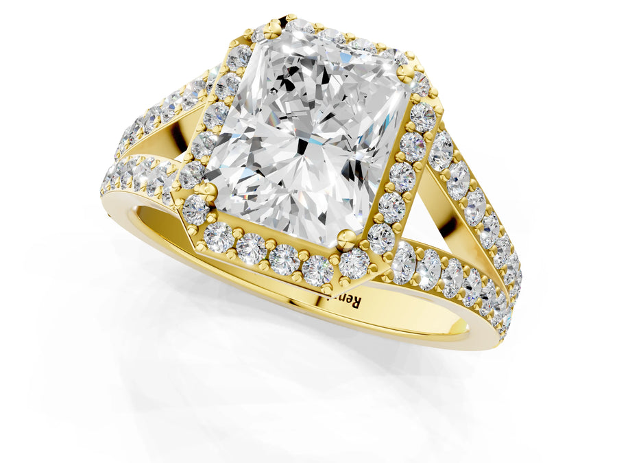 Yellow gold Radiant Cut Diamond Split Shank Halo Ring with Four-Prong Setting