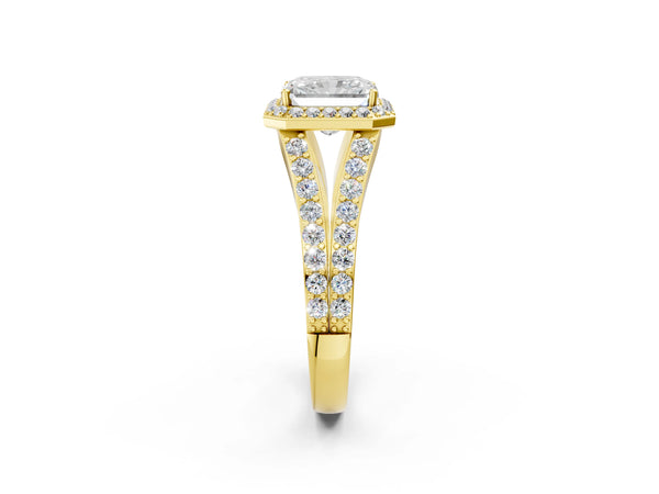 Yellow gold Radiant Cut Diamond Split Shank Halo Ring with Four-Prong Setting