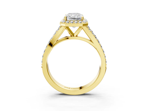 Yellow gold Radiant Cut Diamond Split Shank Halo Ring with Four-Prong Setting