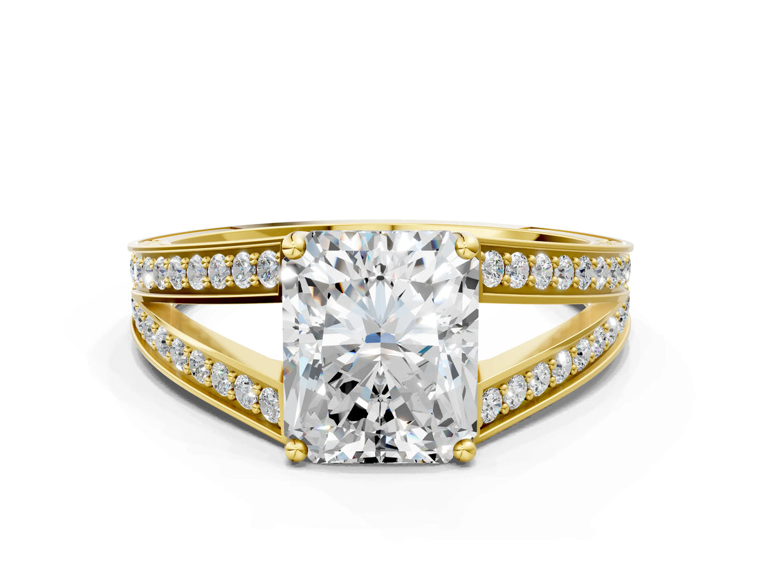 Yellow gold Radiant Cut Diamond Split Shank Ring with Pavé Band and Four-Prong Setting_49