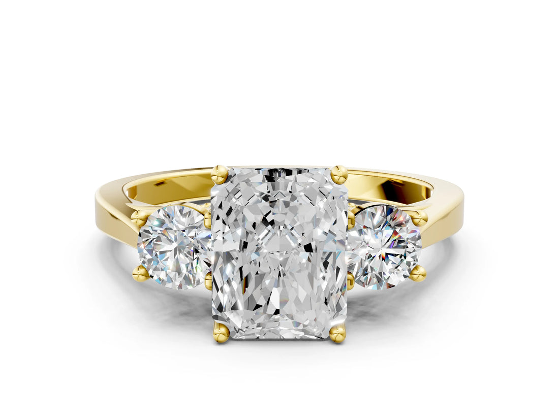 Yellow gold Radiant Cut Diamond Three-Stone Engagement Ring with Prong Setting and Pavé Band_3