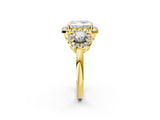 Yellow gold Radiant Cut Diamond Three-Stone Halo Ring with Prong Setting and Pavé Accents_11